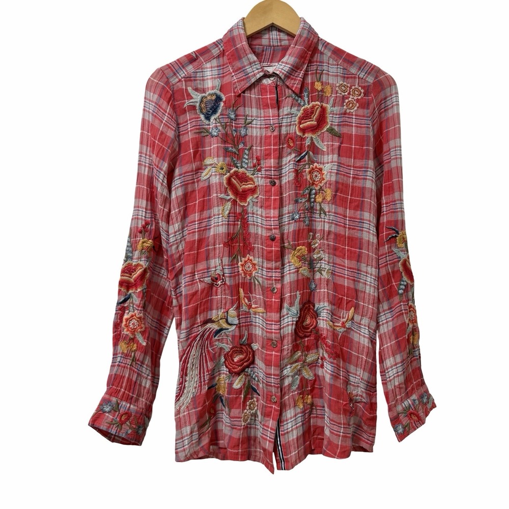 Johnny Was Womens Katya Plaid Floral Embroidered Button Up Shirt Size S Red NWT